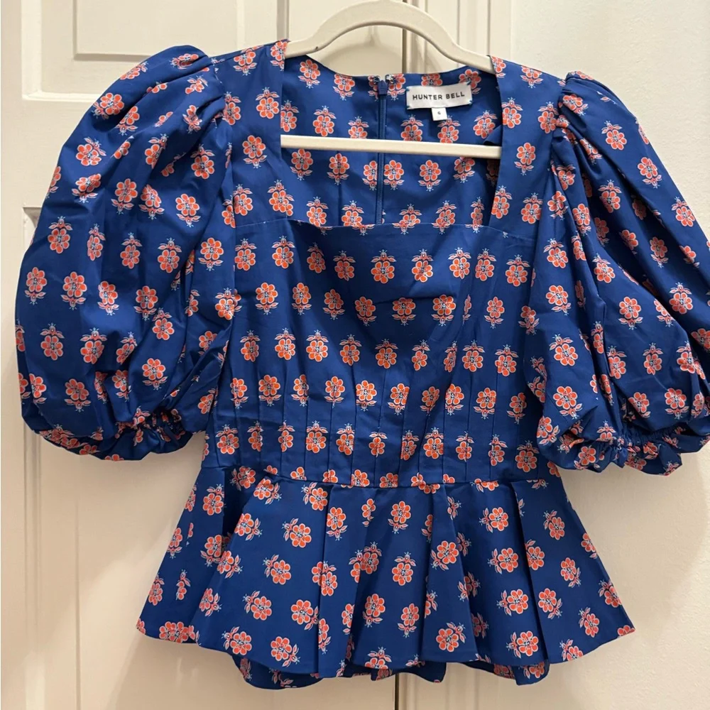 HUNTER BELL Blue Floral Puff-Sleeve Peplum Top - Picture 2 of 3